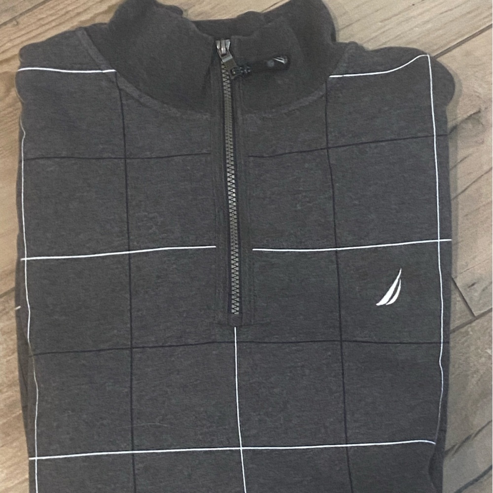 Nautica Men's Charcoal 1/4 Zip-Up Sweater with White Grid - Picture 10 of 10